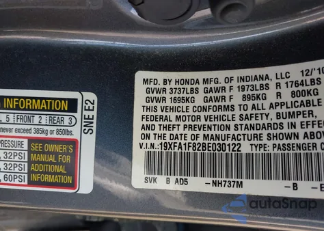 2011 Honda Civic Ex from USA, damaged, VIN 19XFA1F82BE030122